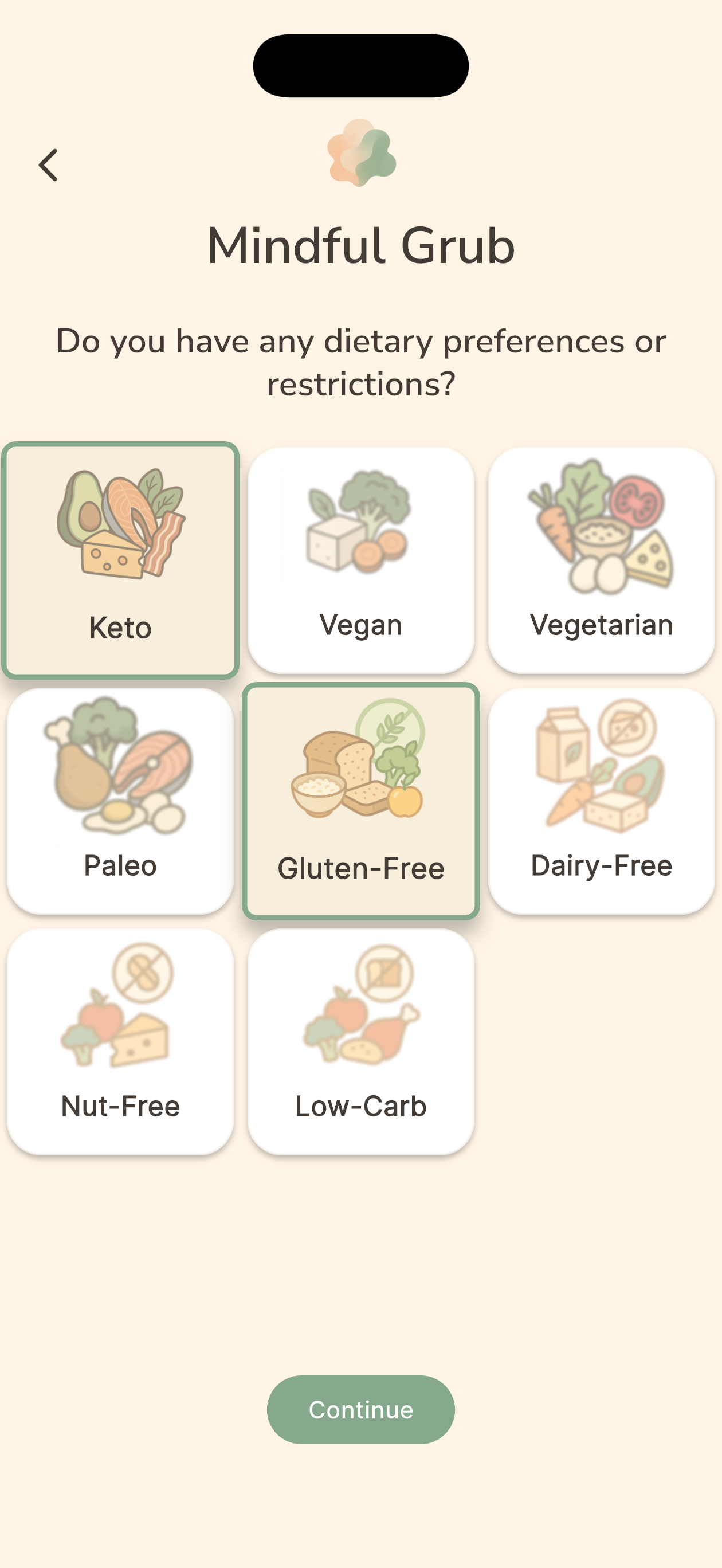 Dietary preferences selection screen