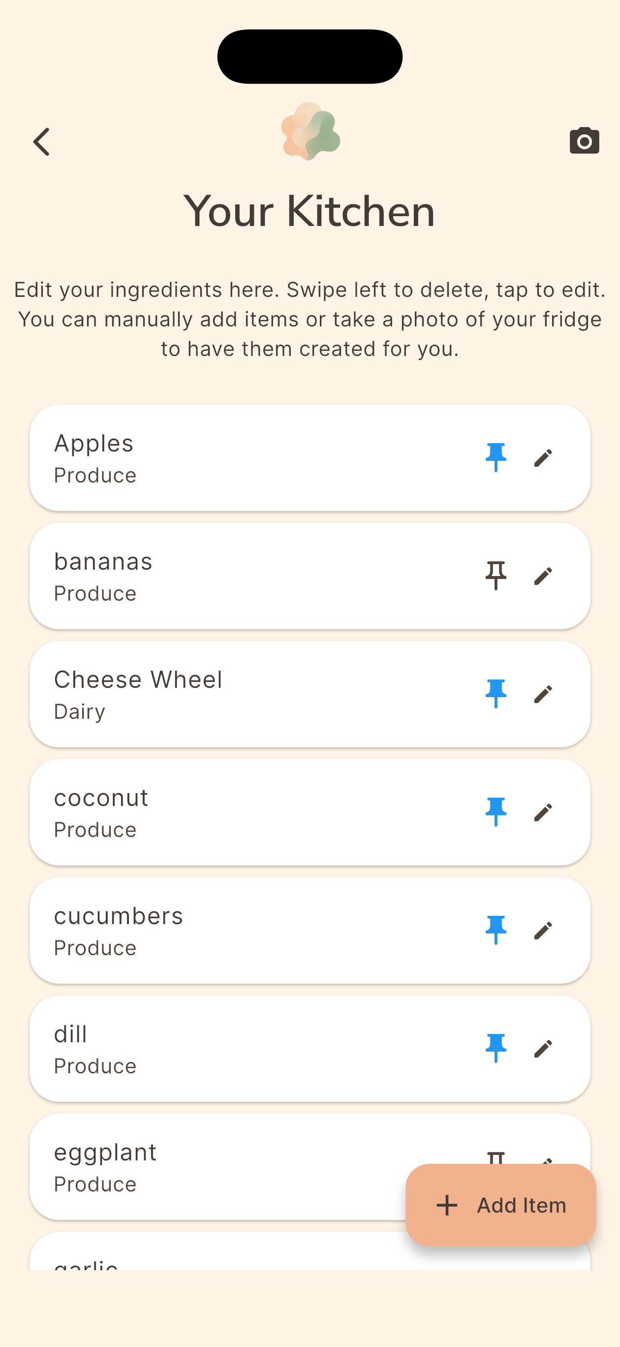 Mindful Grub app — Your Kitchen screen displaying a categorized list of ingredients like Apples, Cheese Wheel, and Cucumbers